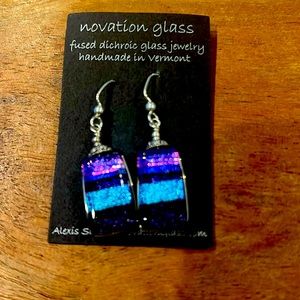 Turquoise pink black dichroic glass drop earrings. Vibrant